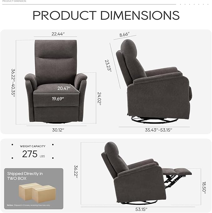 Swivel Rocking Recliner Glider Chair, Upholstered Fabric Reclining Rocker Chair with Footrest for Living Room, Nursery, Bedroom, Ergonomic High Backrest, Wide Seat Cushion and Metal Base-Charcoal