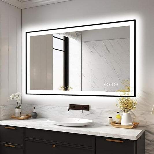 48x32 LED Bathroom Mirrors for Wall -Black Aluminum Framed (Front and Backlit), Anti-Fog Vanity Mirror With Lights,Stepless Dimmable Lighted Mirror,3 Colors Smart Mirror(Horizontal/Vertical)