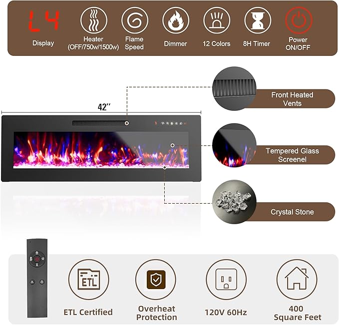 Ludatido 80 Inch Premium TV Stand with 36 inch Electric Fireplace 27 Inch high LED Light Entertainment Center Easy to Assemble for TVs Up to 90'' with USB&AC Power Interface White