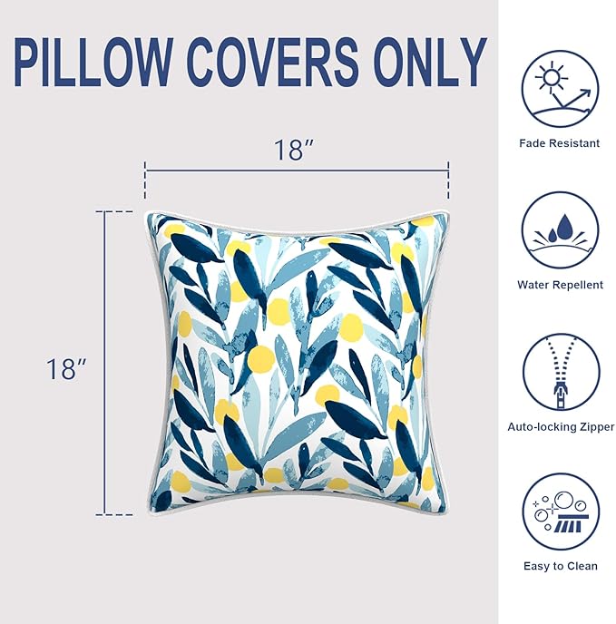 Outdoor Throw Pillow Covers Pack of 2, Decorative Water Repellent Square Pillow Cases with Piping 18x18 Inch, Patio Pillowcases for Home Patio Furniture Use, Leaves Multi