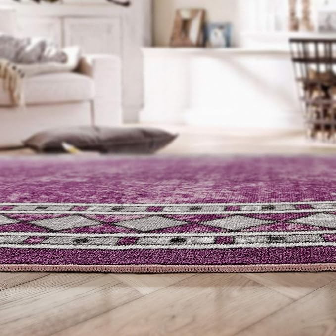 Antep Rugs Alfombras Modern Bordered 5x7 Non-Skid (Non-Slip) Low Profile Pile Rubber Backing Indoor Area Rugs (Purple, 5' x 7' Oval)