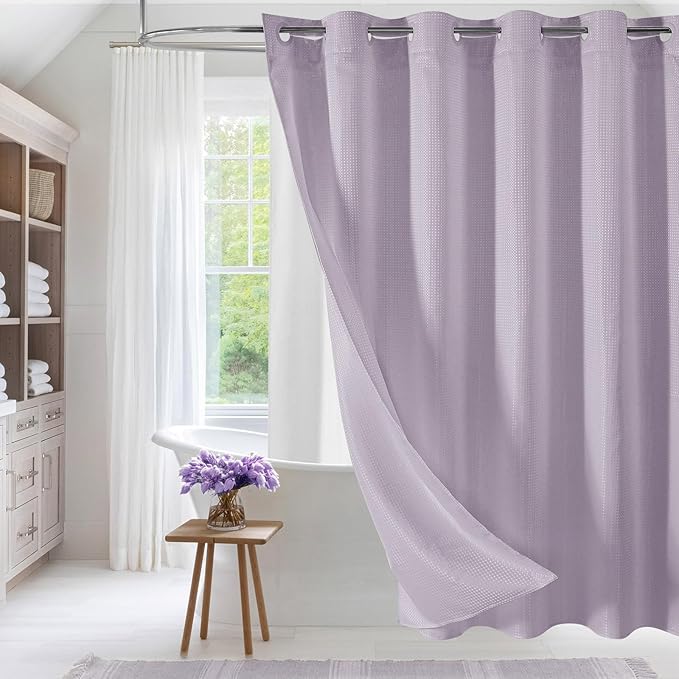MitoVilla Purple Long Shower Curtain 72 x 80, No Hooks Needed 80 inch Long Heavyweight Waffle Fabric Shower Curtain Set with Snap-in Liner for Hotel Grade Spa-Like Bathroom Decor, Lavender
