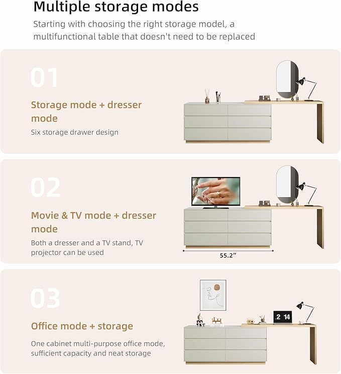 Modern Expandable L-Shaped Vanity Desk with 6 Drawers, Adjustable Computer Table for Home Office, Study, Writing, Gaming, and Bedroom Makeup, Beige, 56-98.5 ″