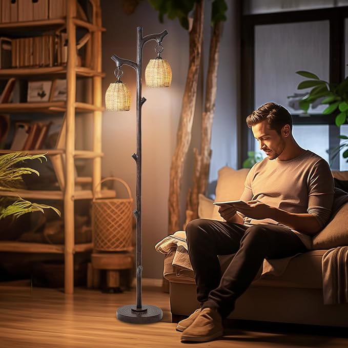 68" High Farmhouse Rustic Country Cottage Floor Lamp Tree Trunk Faux Wood Column Dark Bronze Wicker Drum Shade Decor for Living Room Bedroom Reading Room