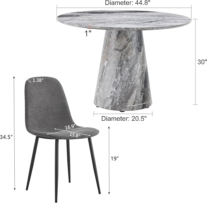 Round Dinning Table Set for 4, 45IN Kitchen Table Set with Faux Marble Table Top and PU Upholstered Chairs, Modern Dinner Table with Chairs Set for Dinning Room, Living Room