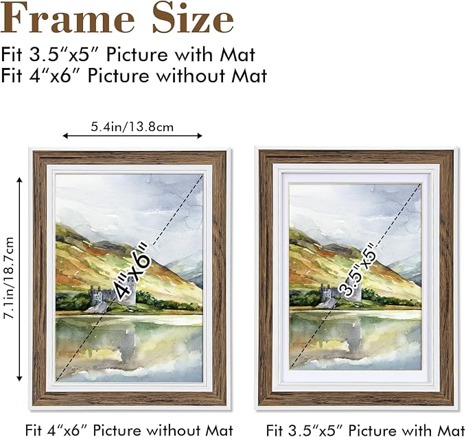 4x6 Picture Frame Set of 6, Rustic Farmhouse Photo Frame, Display 3.5x5 with Mat or 4x6 Without Mat for Decorative on Wall Hanging and Tabletop Placement