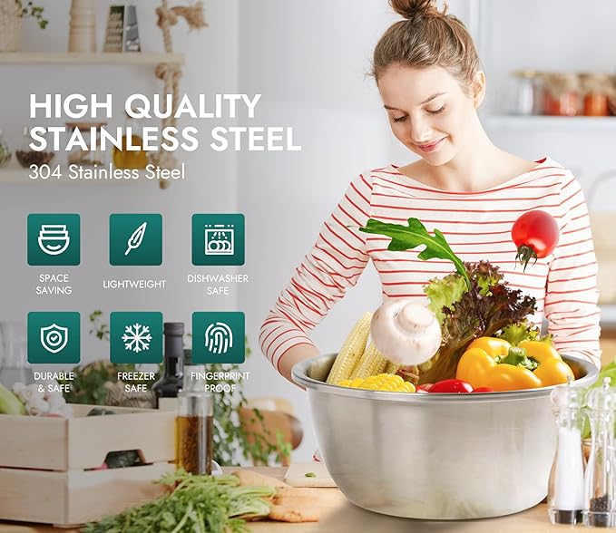 Enther Mixing Bowls - Set of 6 Stainless Steel Mixing Bowls with 304 Stainless Steel - Heavy Duty, Easy To Clean, Nesting Bowls Space Saving Storage, Great for Cooking, Baking, Salad, Silver