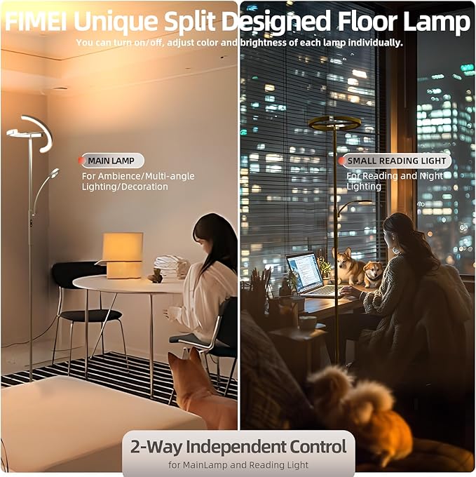 FIMEI Split Floor Lamp Modern LED Rotatable Floor Lamp with Reading Light, Eye-Protection Reading Standing Lamp with Stepless Dimming and 3000K-6000K Color, Separately Rotatable Design, Gray