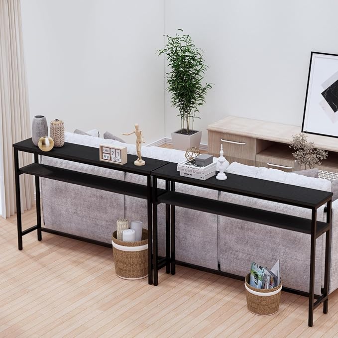 Narrow Console Table, 47 Inch Sofa Table with Adjustable Shelf, 2-Tier Long Skinny Table for Hallway, Entryway, Living Room, Foyer, Black