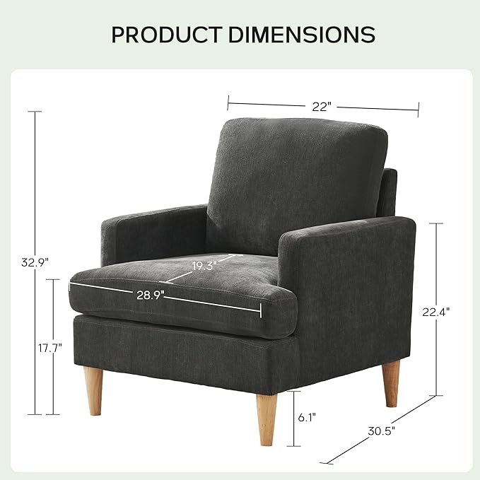 VKNOW Mid-Century Accent Chair, Modern Upholstered Chenille Armchair for Living Room,Comfy Reading Accent Chairs with Wood Legs for Bedroom, Dark Grey