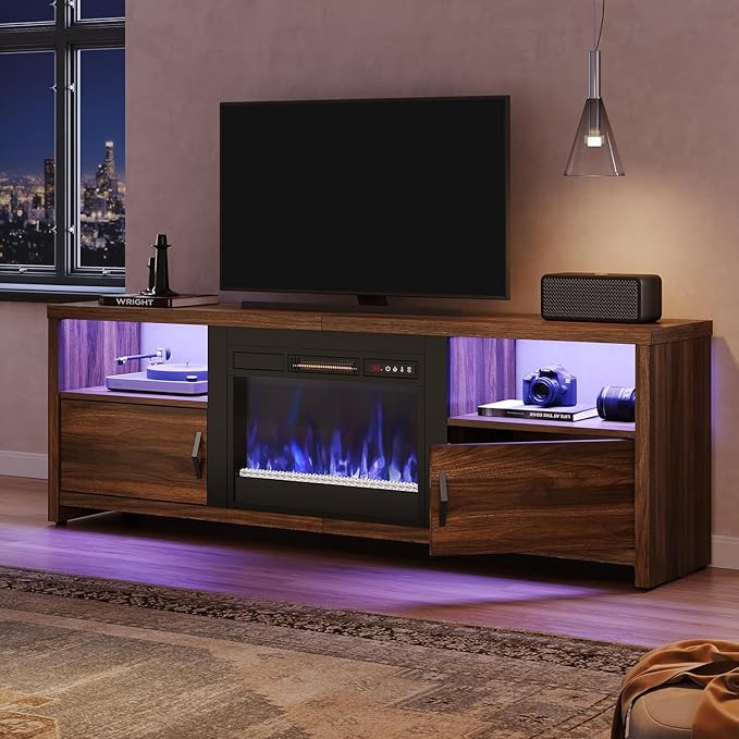 Bestier 70" Electric Fireplace TV Stand for TVs Up to 75", Modern Entertainment Center with Storage Cabinets, LED Lights, Open Shelves and Cable Holes for Living Room, Dark Walnut