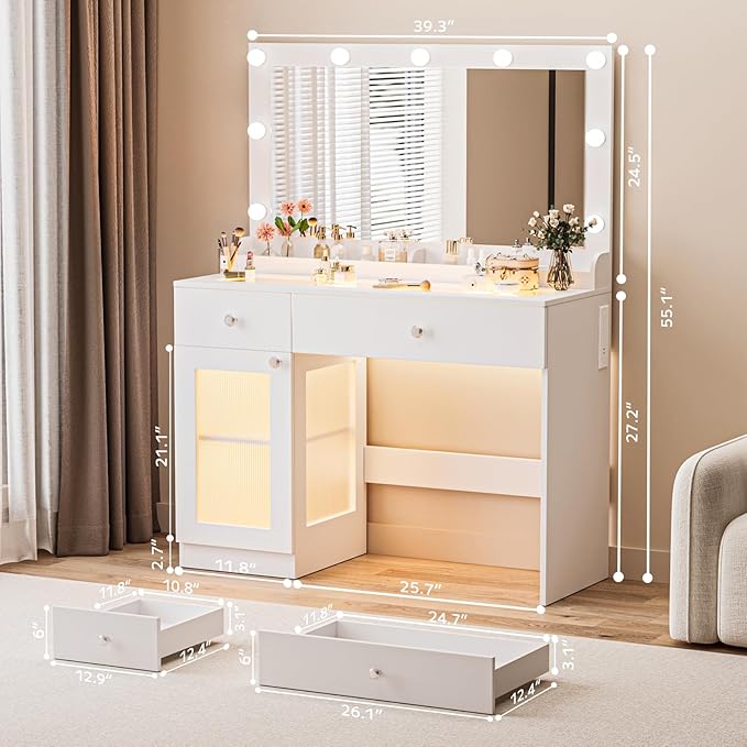 Vanity Desk with Large Mirror and Lights, 39.4'' Glass Top Makeup Vanity with RGB Cabinet Drawers Power Outlet 3 Color Light Modes Brightness Adjustable Vanity Dressing Table for Bedroom White