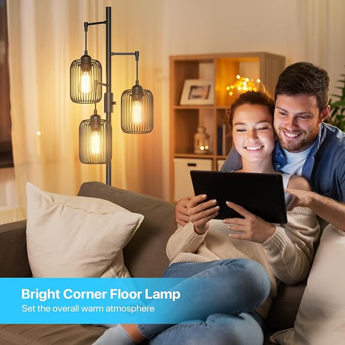 Floor Lamps for Living Room Dimmable Floor Lamp with Cage Shade 70'' Standing Lamps for Living Room Corner Floor Light with 3 LED Bulbs Rustic Floor Lamp for Bedroom Office Industrial Modern
