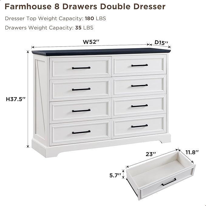 Farmhouse 8 Drawers Dresser Chests for Bedroom,52" Wide Wood Rustic Chest of Drawers with Metal Handle,Natural Texture,Drawer Organizer for Bedroom,Living Room,Hallway and Entryway,White