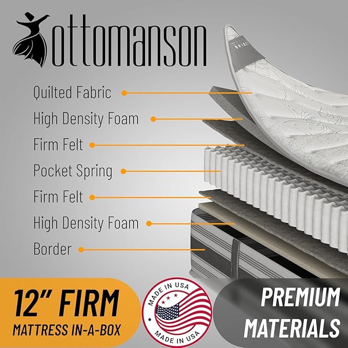 Ottomanson Queen 12" Hybrid Mattress - Meditation Antistatic Quilted Cover - Made in USA - Firm Support - Individually Pocketed Coils & CertiPUR-US Foam - Fiberglass-Free - Bed in a Box
