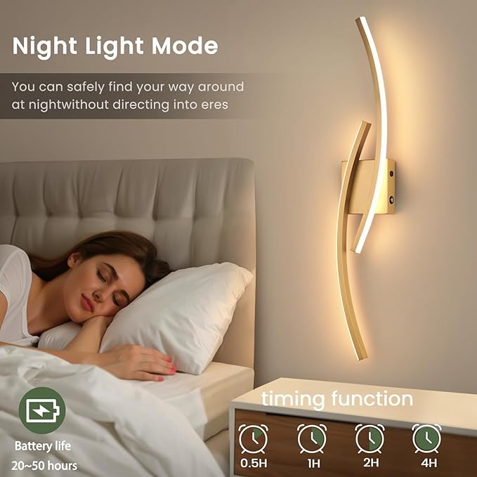 Battery Operated Wall Sconce Set of 2,Gold Wall Sconces with Remote Control,3000K-6000K Modern LED Wireless Wall Light for Living Room, Hallway, Bedroom, 39.3 Inch (2 Pack)