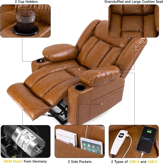 Large Power Lift Chair Recliner for Elderly with Heated and Massage, Overstuffed Adjustable Lift Chair, 3 Position, Breathable Leather, USB-A&USB-C, Cup Holder (Large-7523, Caramel)
