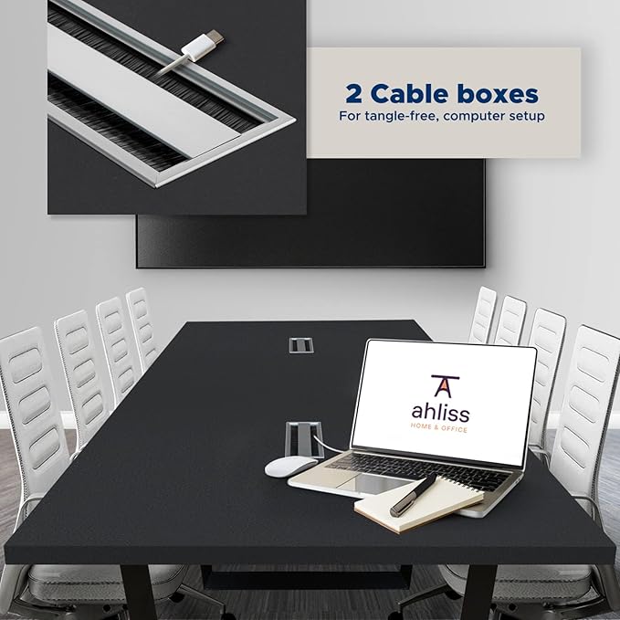 Sturdy Conference Table with Cable Management Grommets Modern Rectangle Office Meeting Table with Wood Tabletop and Metal Frame & Legs- Easy Assembly Boardroom Table (Black, 8 Foot)
