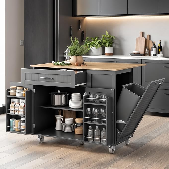 Kitchen Island with Storage & Drop Leaf - 43.3" Mobile Kitchen Cart with Wheels, Rolling Kitchen Island with Trash Bin Cabinet & Towel Rack, Rubberwood Top, Grey Island for Kitchen