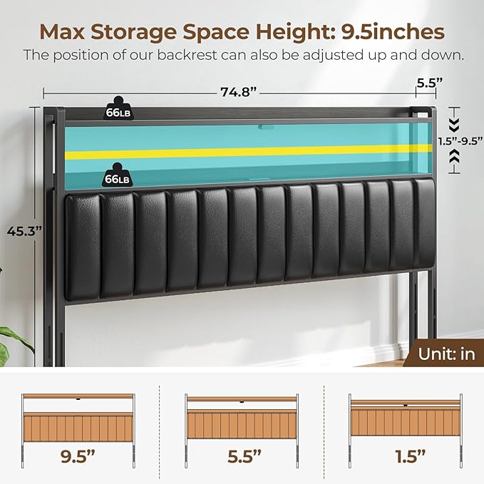 Rolanstar Headboard for King Size Bed with Storage, 60,000 DIY Color of LED Light, Head Board with USB & Type C Port, Height Adjustable, Black Upholstered Cabeceras de Cama Comfortable Modern, Leather