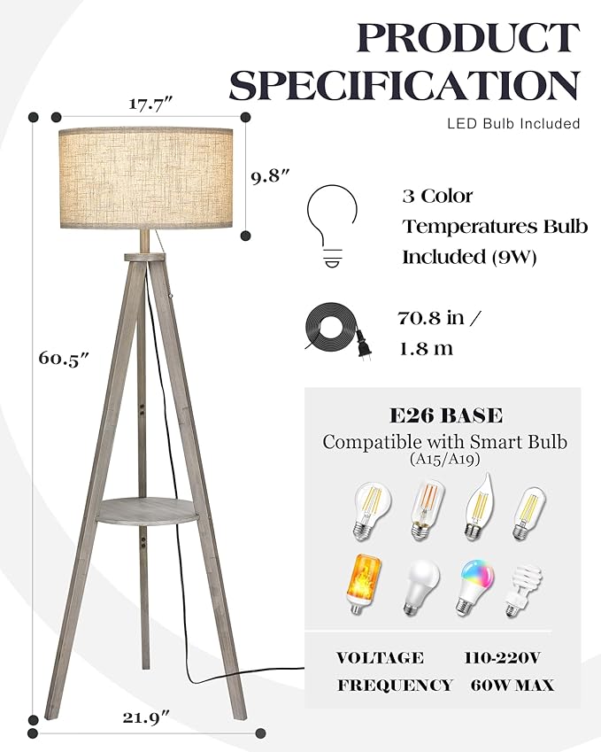 ELYONA Tripod Floor Lamp with 3 Color Temperatures LED Blub, Wood Floor Lamp with Table - Farmhouse Tall Reading Standing Light for Living Room, Bedroom, Office, Study Room, Pull Chain Controls, Grey