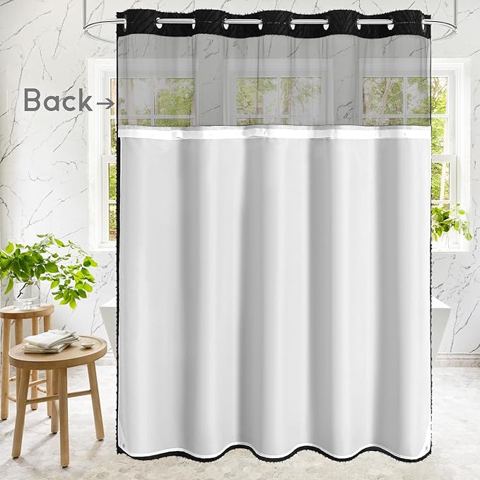 Black Long Shower Curtain 72 x 80, No Hook 80 inch Long Farmhouse Fabric Shower Curtain Set with Snap-in Liner, Hotel Style Shower Curtain with See Through Top Window