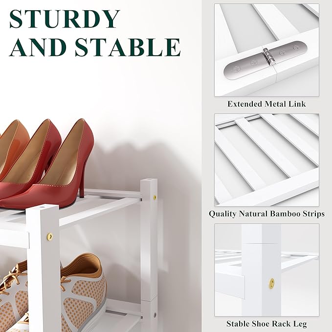 Smiry Shoe Rack, 6 Tier Long Bamboo Shoe Organizer, Stackable Free Standing Wooden Shoe Storage Shelf for Closet, Entryway, Front Door Entrance, White