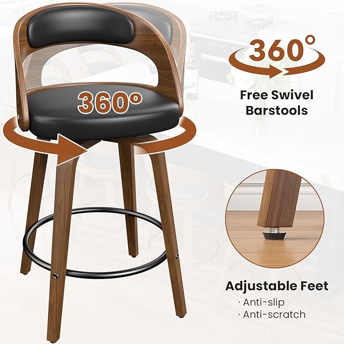 Swivel Bar Stools Set of 8, 26" Counter Height Bentwood Barstool, Mid-Century Modern PU Leather Upholstered Bar Chair with Back and Footrest, for Kitchen Island, Bar, Cafe, Dining Room, Black