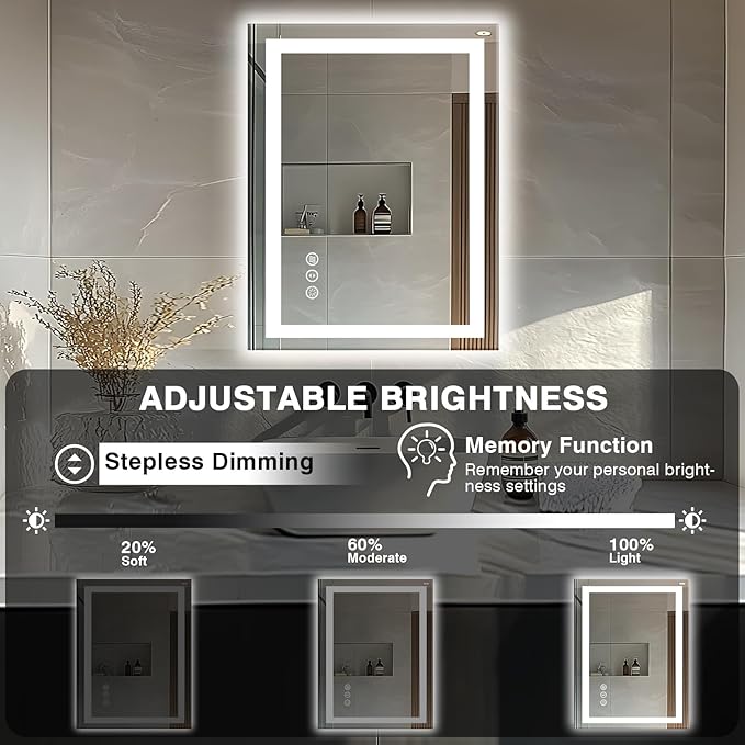 24"x32" LED Bathroom Mirrors for Wall, Front and Backlit Mirror, Anti-Fog Vanity Mirror with Lights, Stepless Dimmable Lighted Mirror, 3 Colors Smart Mirror (Horizontal/Vertical)