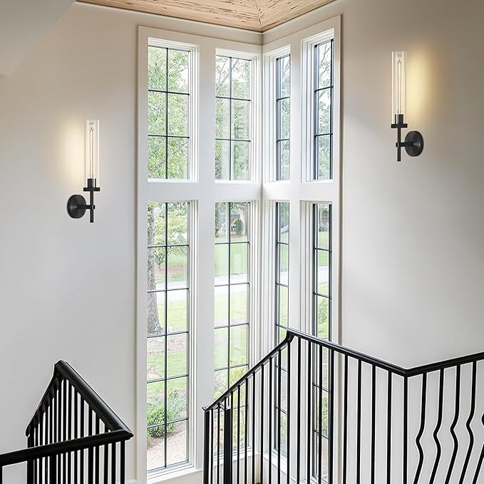 Black Wall Sconces Bathroom Vanity Light Fixtures, Glass Tube Wall Sconces Solid Copper Base, Sconces Wall Lighting Indoors, Wall Lights For Mirror, Living Room, Bedroom, Hallway (Including Bulb)