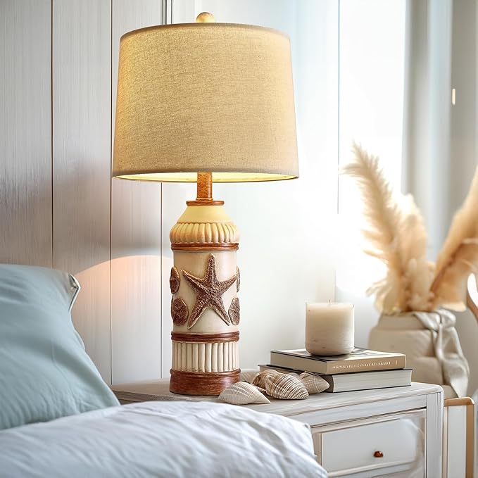 OYEARS 24“ Table Lamp for Bedroom, Boho Table Lamp for Living Room, Bedside Nightstand Lamp, Coastal Nautical Lamp with Starfish Conch Pattern for Decor, End Table, Vintage Retro Beach, Off White