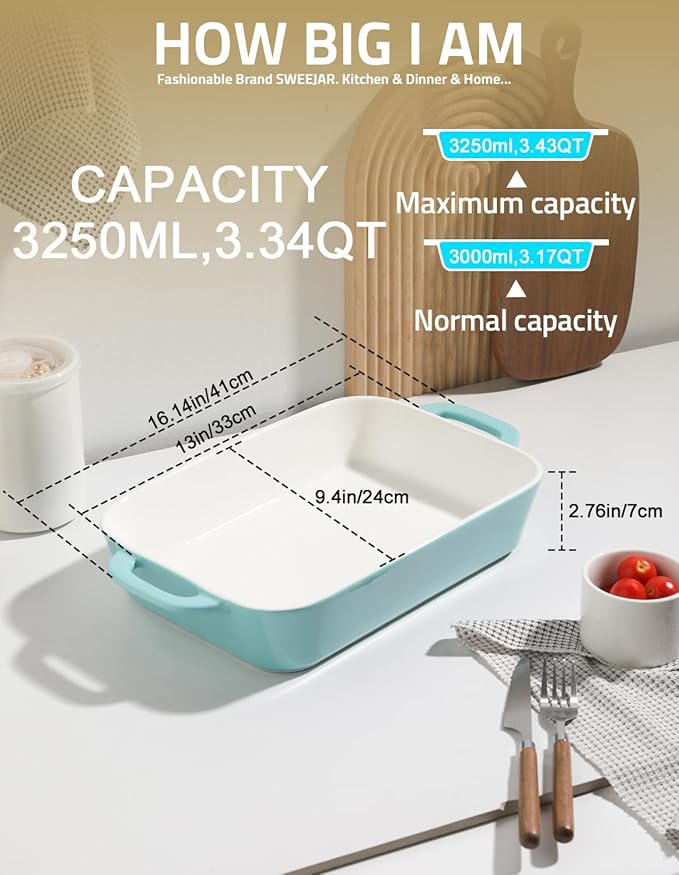 Sweejar Ceramic Bakeware Set, 9x13 Rectangular Baking Dish for Cooking, Kitchen, Cake Dinner, Banquet and Daily Use, Casserole Dishes for Oven Porcelain Baking Pans(Turquoise)