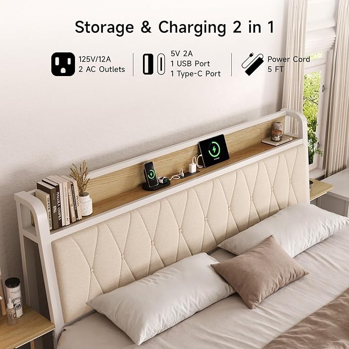 King Size Bed Frame with Side Storage Shelf, Ergonomic Upholstered Headboard with Charging Station, King Platform Bed Frame, Metal Slats Support, No Box Spring Needed, Easy Assembly, White