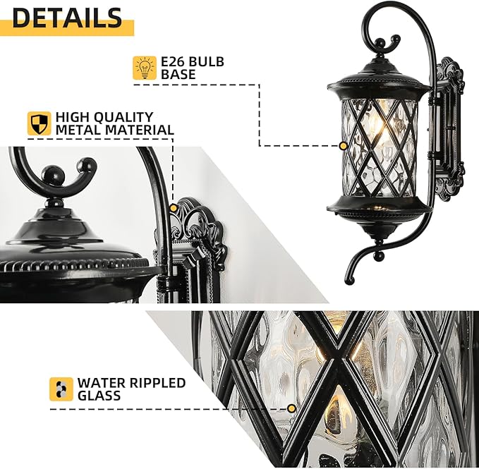 Retro Large Outdoor Wall Lanterns 24" Exterior Light Fixtures Coach Light Waterproof Aluminium with Water Glass Outside Wall Lamps for House Front Door Garage Porch Lighting, Black