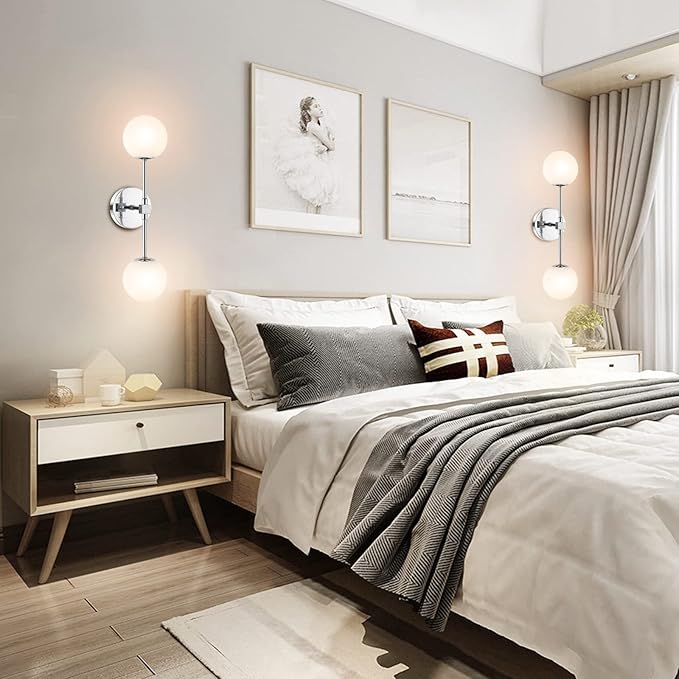 Modern Wall Sconce 2-Lights Industrial Mid Century Bathroom Vanity Wall Light with White Globe Glass Lampshade Brushed Chrome Finished Lighting Fixture (Chrome Color)