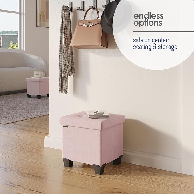 STORAGEBUD Storage Ottoman Cube with Small Bin, 15-in Square Ottoman with Storage for Living Room and Bedroom, Small Ottomans Foot Rest, Velvet Foot Stools Ottomans Max 330lbs, Pink