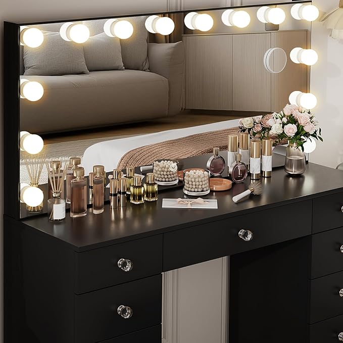 VOWNER Vanity with Lighted Mirror - Makeup Vanity Desk with Lights and 11 Drawers, 3 Color Lighting Modes Adjustable Brightness, 46" Makeup Desk with Soft Cushioned Stool for Bedroom, Black
