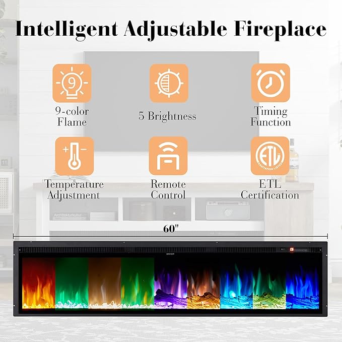 75” Fireplace TV Stand with 60” Electric Fireplace, Chunky Entertainment Center with Wood Grain, Color Clash Entertainment Stand for TVs up to 85”, White&Grey