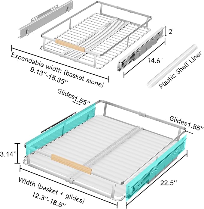 1Pack Expandable Pull Out Cabinet Organizer, Slide Out Drawers for Kitchen Cabinets, Heavy Duty Drawer Slides for Home Kitchen Pantry Cupboard Pots Pans, Adjustable Width 12.3"~18.5" W x 22.5''D