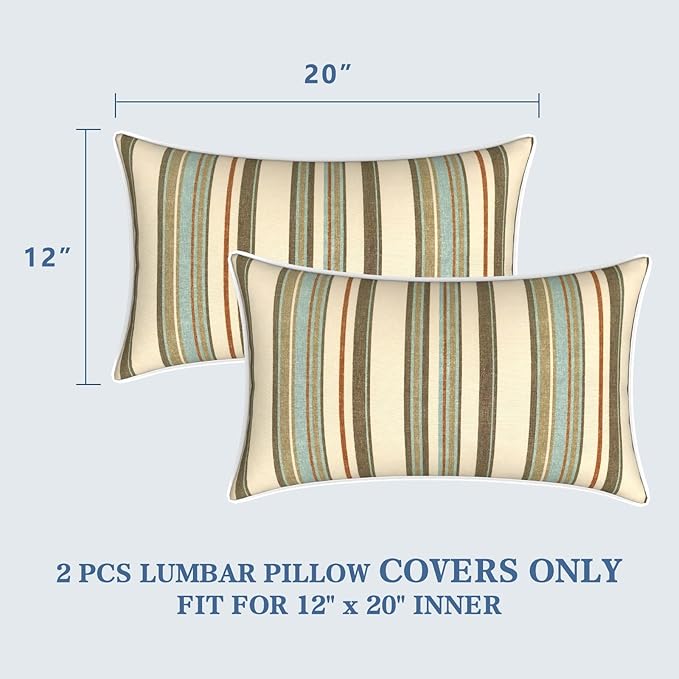 LVTXIII Outdoor Lumbar Pillow Covers 12"x20", Covers ONLY, 2 Pack 30x50cm Lumbar Cushion Cover with White Piping for Home Patio Garden Sofa Bench, Stripe Onyx
