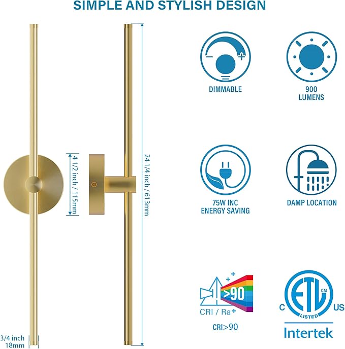 ZAGO 24 Inch LED Indoor Linear Wall Sconces Set of Two, 3CCT Switchable, Brushed Golden, Hardwired and Wall Mounted, Dimmable for Living Room, Hallway, Bedroom, 120-277V, 14W, 900LM, ETL Certified