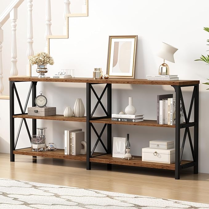 IBF Rustic Console Table, Modern Entryway Table with Storage Shelves, Industrial Metal Wood Sofa Tables Behind Couch, Farmhouse 3 Tier Foyer Hallway Tables for Bedroom, Rustic Brown, 63 in