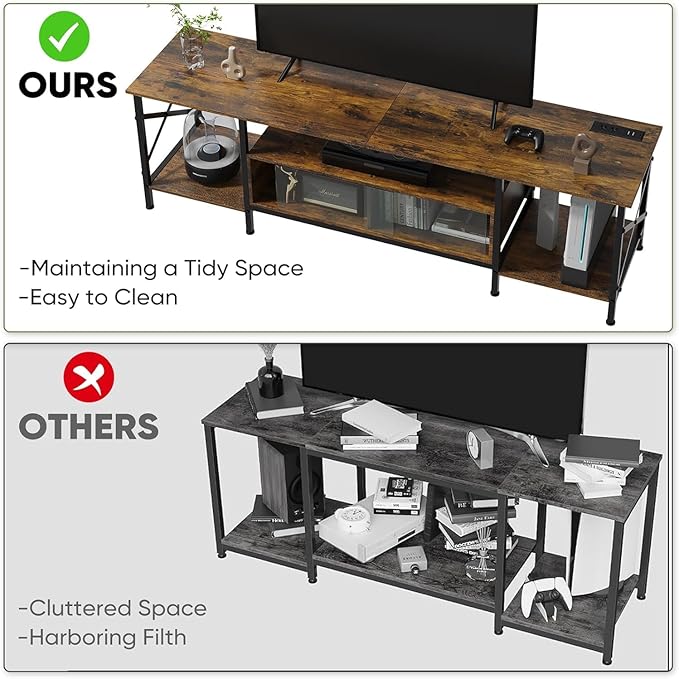 TV Stand, 63 Inch TV Stand for 50 75 Inch TV, Entertainment Center with Power Outlets & Open Storage Shelves, TV Media Console with Glass Slide Doors for Living Room, Bedroom, Rustic Brown