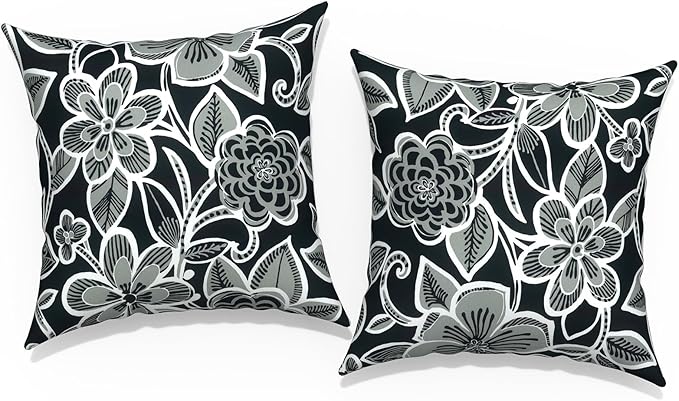 Outdoor Throw Pillow Covers 16x16 Inch, Square Patio Pillow Cases Pack of 2, Modern Decorative Back Cushion Covers for Patio Furniture Garden Couch Farmhouse,Flower Black