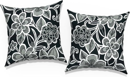 Outdoor Throw Pillow Covers 16x16 Inch, Square Patio Pillow Cases Pack of 2, Modern Decorative Back Cushion Covers for Patio Furniture Garden Couch Farmhouse,Flower Black