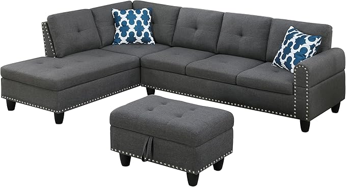 98 Inch L Shaped Sectional Sofa with Chaise Lounge, Storage Ottoman and 2 Pillows, 4-Seaters Linen Upholstered Tufted Couch w/Cupholder & Nailhead Trim for Living Room, Office, Dark Gray