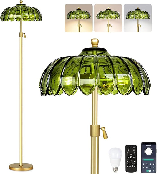 Gold Floor Lamps for Living Room Vintage Floor Lamp with Remote Control & Glass Lampshape,Mid Century Modern Standing Lamp with 3 Color Temperature Brass Flower Tall Floor Lamp for Bedroom Corner