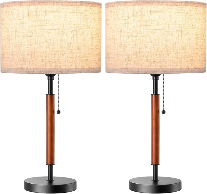EDISHINE Mid Century Table Lamp Set of 2, Pull Chain Switch Bedside Lamp, Linen Shade, Solid Wood Pole & Black Metal Base, Modern Nightstand Lamp for Bedroom, Living Room, Office, E26 Base