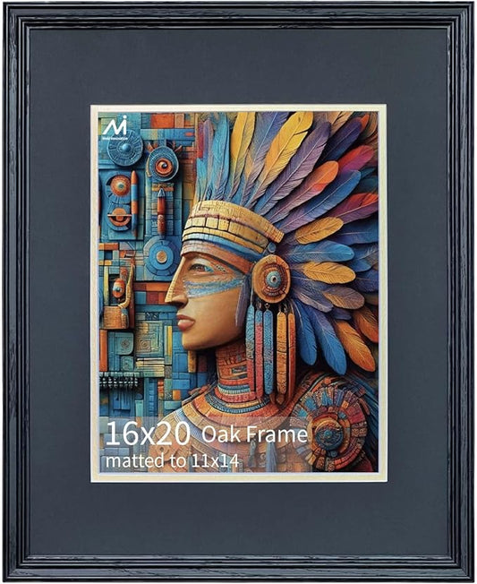 16x20 Picture Frame for Wall Hanging Solid Oak Wood, 11x14 Picture Frame with Mat,16x20 Premium Photo Frame with Real HD Tempered Glass,Ideal for Home Decor, Art Gallery,Black, 1 Pack