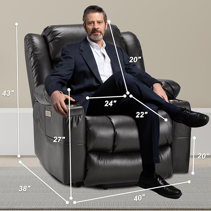 Power Lift Recliner Leather Chair Sofa with Massage & Heat, Lazy Boy Chair with Cup Holders, USB & Type-C Ports, Remote Control (Black)